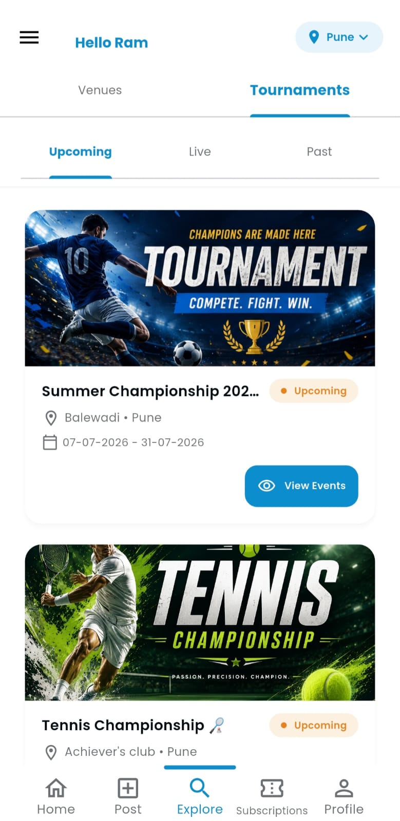 Browse tournaments in the Capriole app